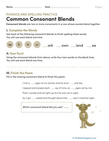 Phonics and Spelling Practice: Common Consonant Blends