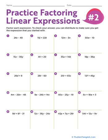 Practice Factoring Linear Expressions #2