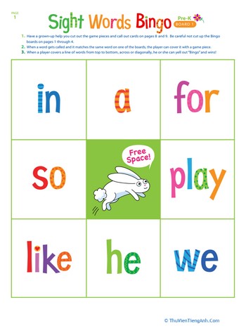 Pre-Kindergarten Sight Words Bingo