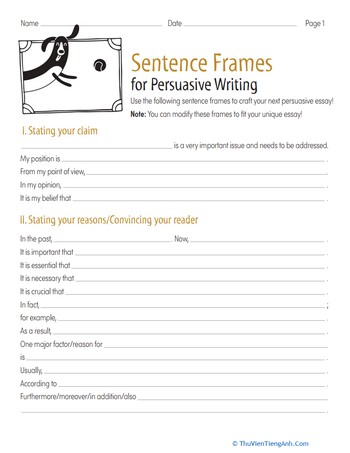 Sentence Frames for Persuasive Writing