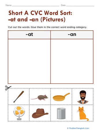 Short A CVC Word Sort: -at and -an (Pictures)