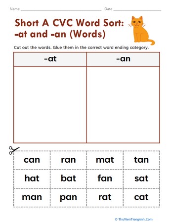 Short A CVC Word Sort: -at and -an (Words)