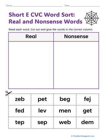 Short E CVC Word Sort: Real and Nonsense Words