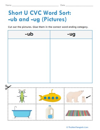 Short U CVC Word Sort: -ub and -ug (Pictures)