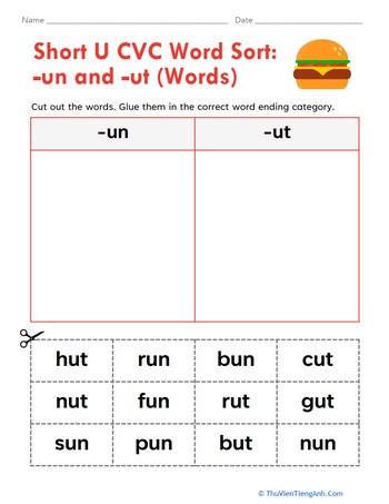 Short U CVC Word Sort: -un and -ut (Words)