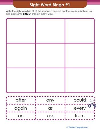 First Grade Sight Words Bingo Game #1