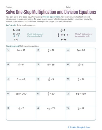 Solve One-Step Multiplication and Division Equations