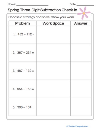 Spring Three-Digit Subtraction Check-in