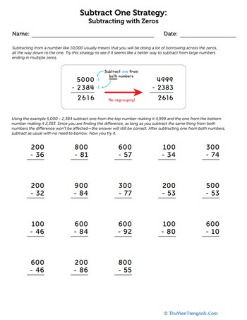 Subtract One Strategy: Subtracting with Zeros