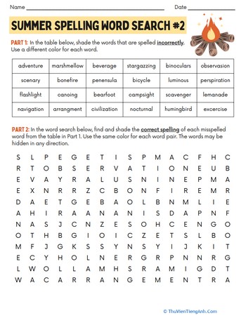 Summer Spelling Word Search #2