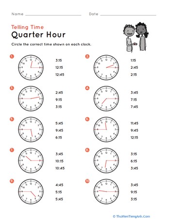 Telling Time on the Quarter Hour: Match It
