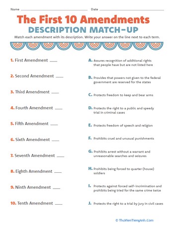 The First Ten Amendments: Description Match-Up