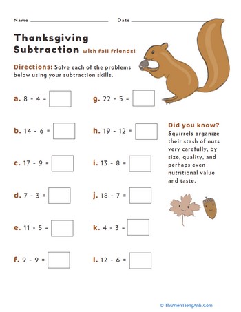Thanksgiving Subtraction #3