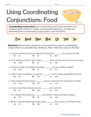 Using Coordinating Conjunctions: Food