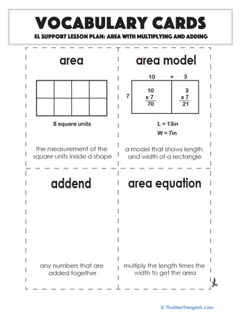 Vocabulary Cards: Area with Multiplying and Adding