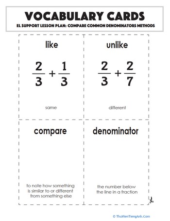 Vocabulary Cards: Compare Common Denominators Methods