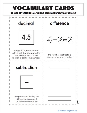Vocabulary Cards: Writing Decimal Subtraction Problems