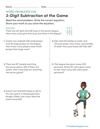 Word Problem Fun: 3-Digit Subtraction at the Game